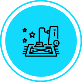 Vacuum cleaner icon with sparkling stars on a blue carpet, symbolizing deep and thorough carpet cleaning.