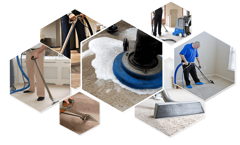 Technician using industrial steam cleaning equipment to clean carpets in a space suitable for both residential and commercial settings.